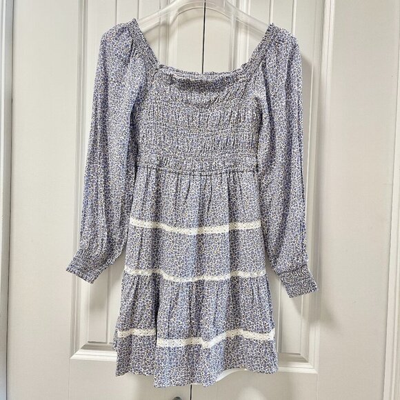 Japna Cottagecore Long-Sleeve Floral Smocked Dress Blue & White - XS - Picture 4 of 11